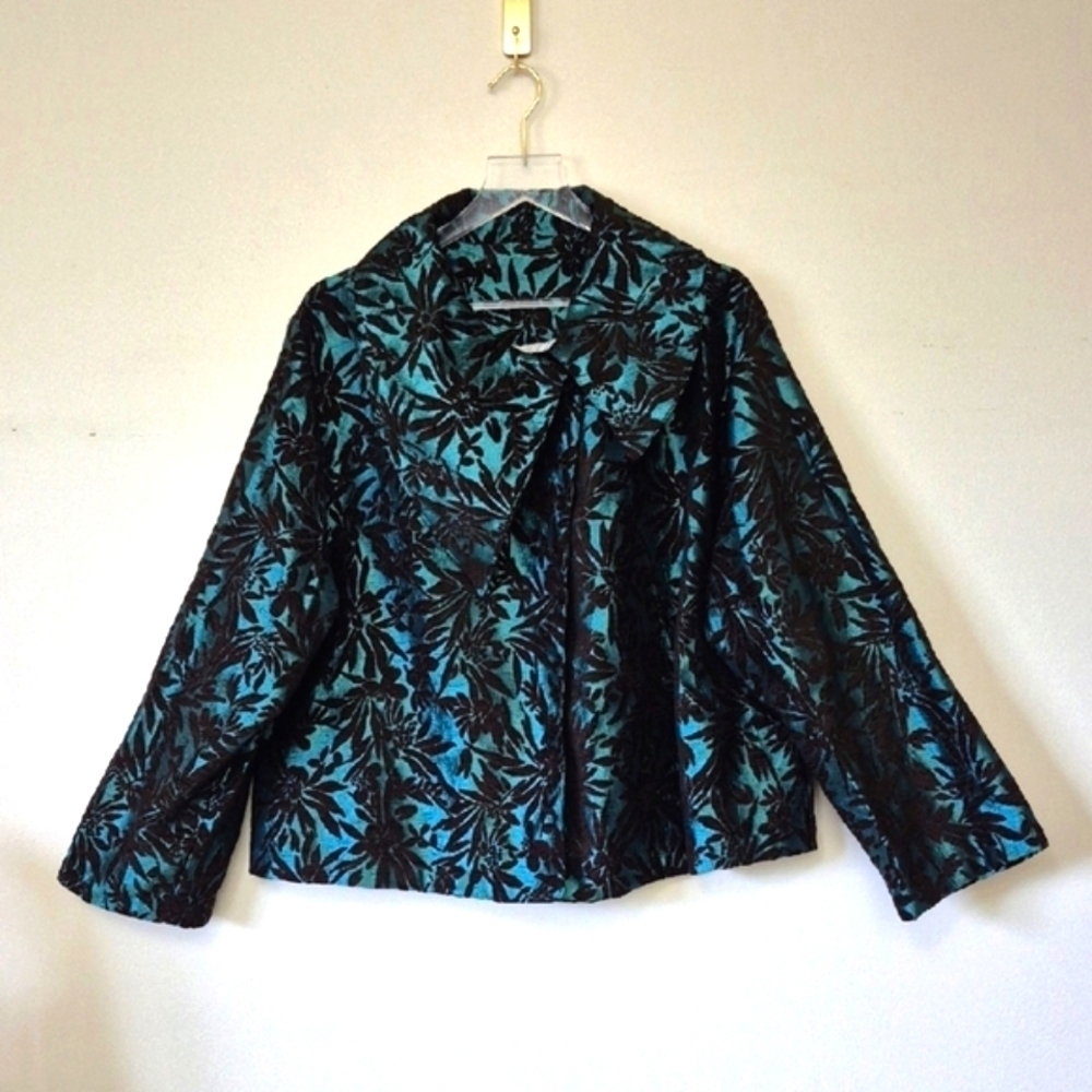 Bryn Walker Brown and Teal Floral Burnout Brocade Swing Jacket, Size L